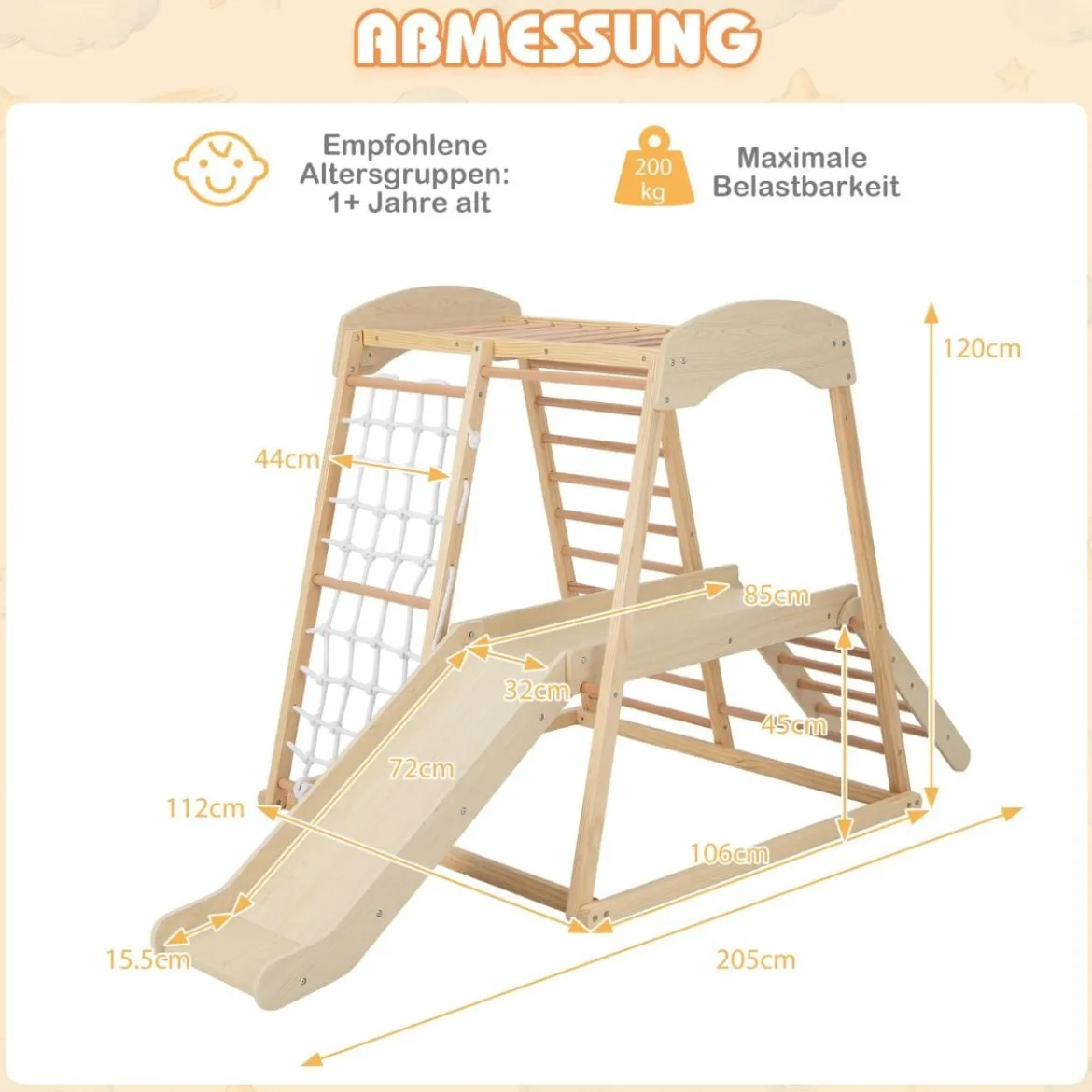 Klettergerüst Indoor Pull Up Bar & Rutsche & Kletternetz & Leiter & Tunnel 205 x 112 x 120 cm Natur
