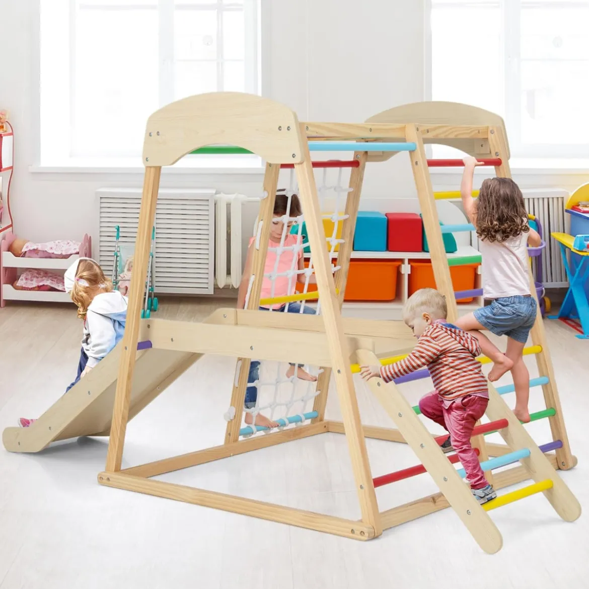 Klettergerüst Indoor Pull Up Bar & Rutsche & Kletternetz & Leiter & Tunnel 205 x 112 x 120 cm Bunt