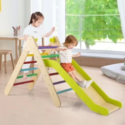 Klettergerüst mit Rutsche Kletterdreieck aus Holz Sprossendreieck zum Rutschen und Klettern 86,5 x 48 x 73,5 cm Bunt