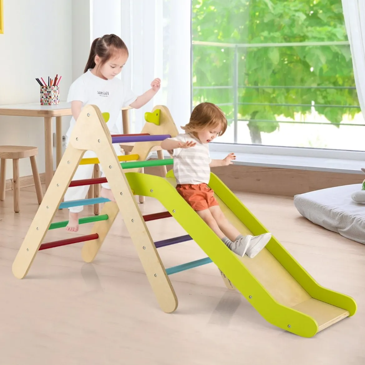 Klettergerüst mit Rutsche Kletterdreieck aus Holz Sprossendreieck zum Rutschen und Klettern 86,5 x 48 x 73,5 cm Bunt