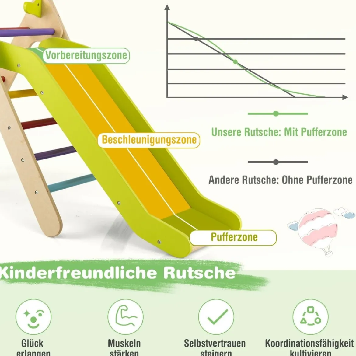 Klettergerüst mit Rutsche Kletterdreieck aus Holz Sprossendreieck zum Rutschen und Klettern 86,5 x 48 x 73,5 cm Bunt