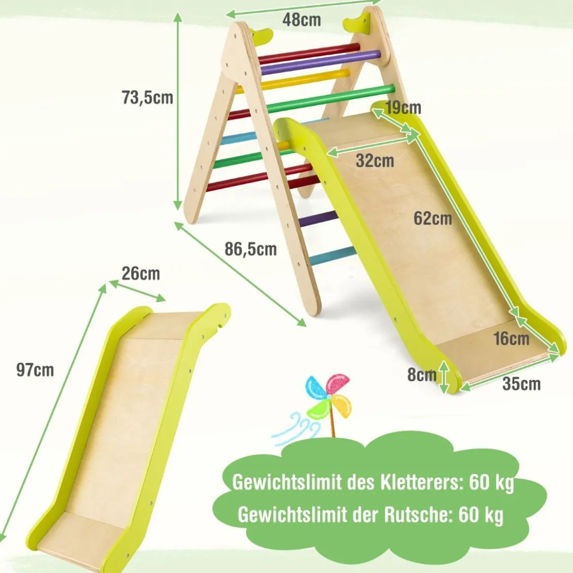 Klettergerüst mit Rutsche Kletterdreieck aus Holz Sprossendreieck zum Rutschen und Klettern 86,5 x 48 x 73,5 cm Bunt