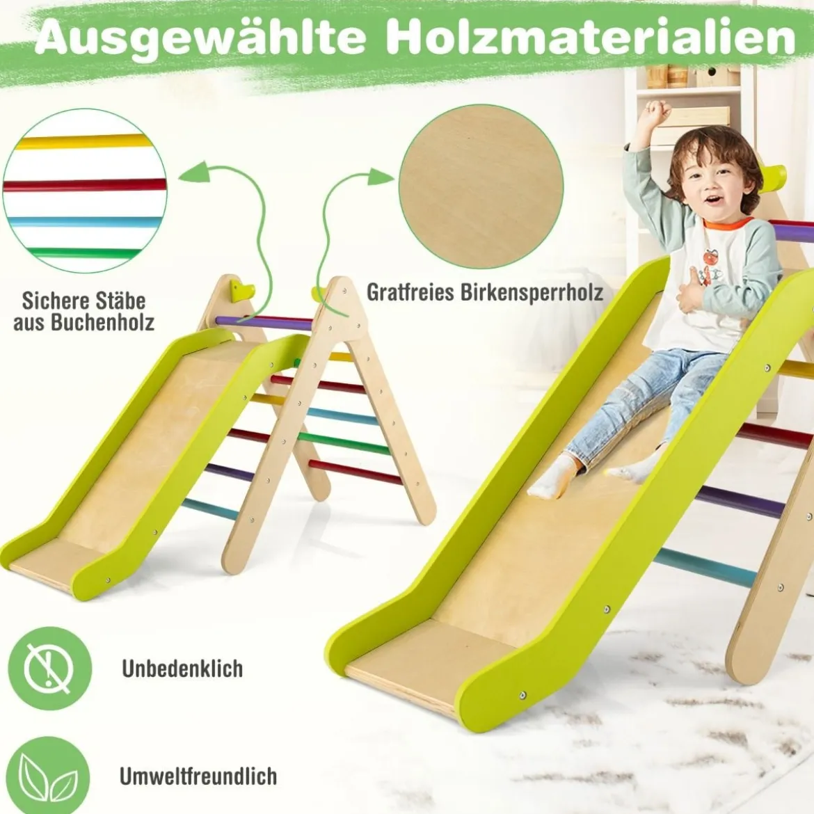 Klettergerüst mit Rutsche Kletterdreieck aus Holz Sprossendreieck zum Rutschen und Klettern 86,5 x 48 x 73,5 cm Bunt