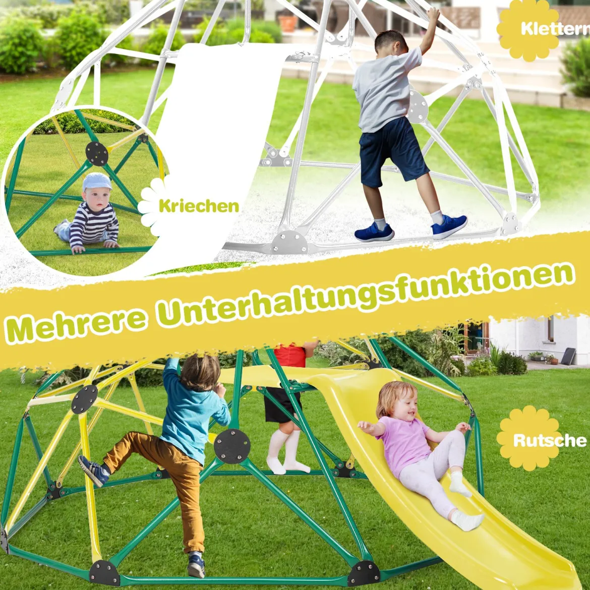 Kletterkuppel mit Rutsche & 180 kg Belastbarkeit Klettergerüst in Kuppelform Grün + Gelb