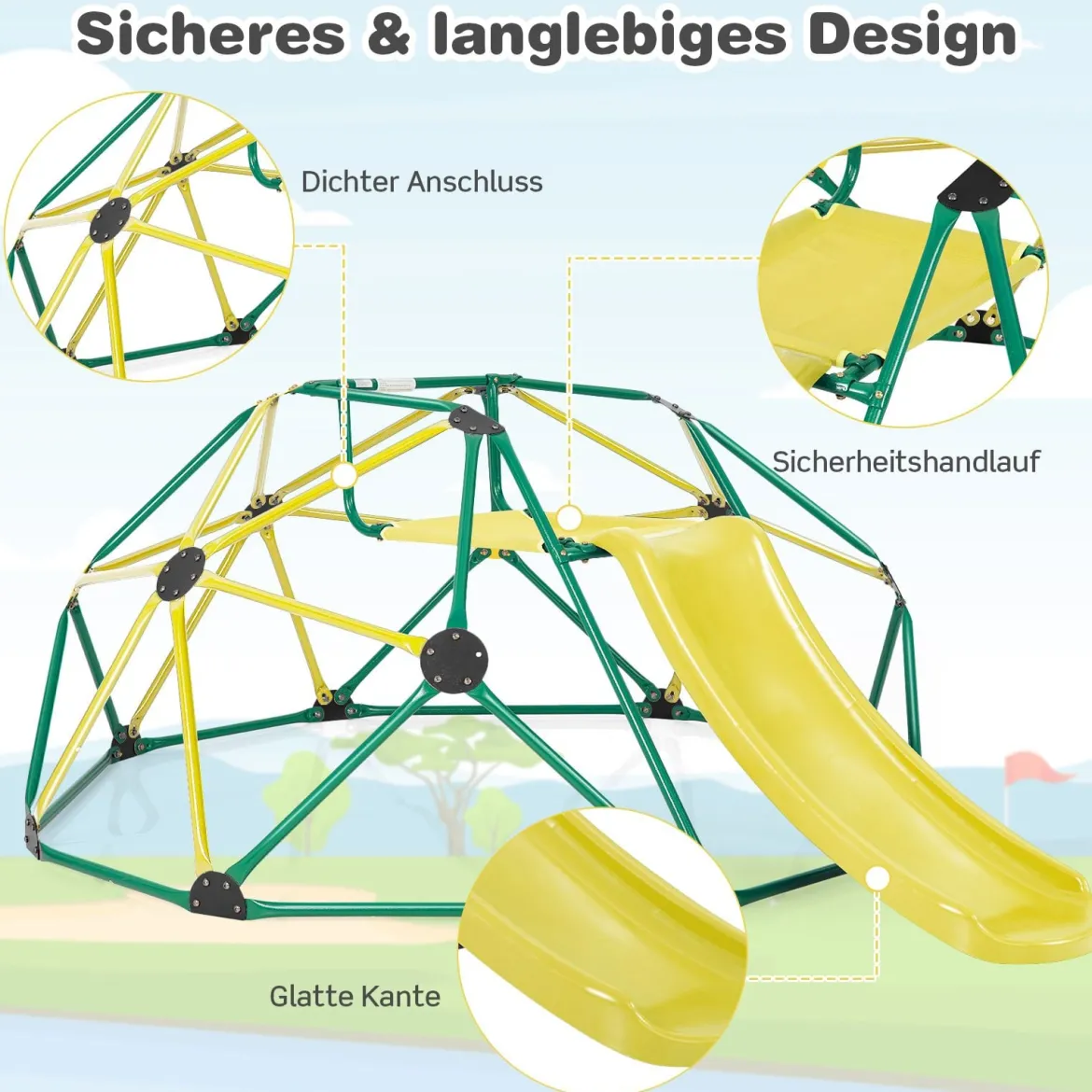 Kletterkuppel mit Rutsche & 180 kg Belastbarkeit Klettergerüst in Kuppelform Grün + Gelb