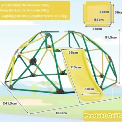 Kletterkuppel mit Rutsche & 180 kg Belastbarkeit Klettergerüst in Kuppelform Grün + Gelb