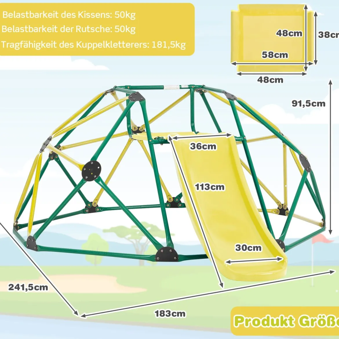 Kletterkuppel mit Rutsche & 180 kg Belastbarkeit Klettergerüst in Kuppelform Grün + Gelb