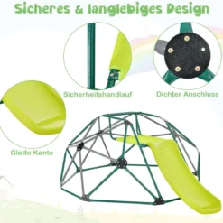 Kletterkuppel mit Rutsche &Stoffplattform & 180 kg Belastbarkeit Klettergerüst in Kuppelform Grün + Grau