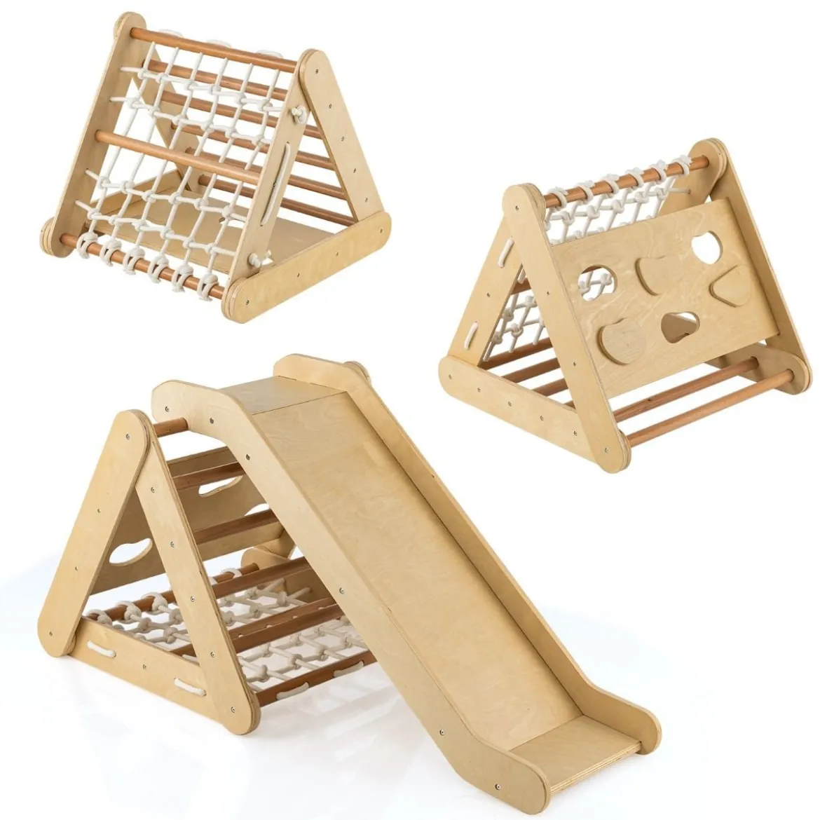 Kletterspielzeug für Kleinkinder Dreieckiges 4-in-1 Klettergerüst mit Rampe Natur