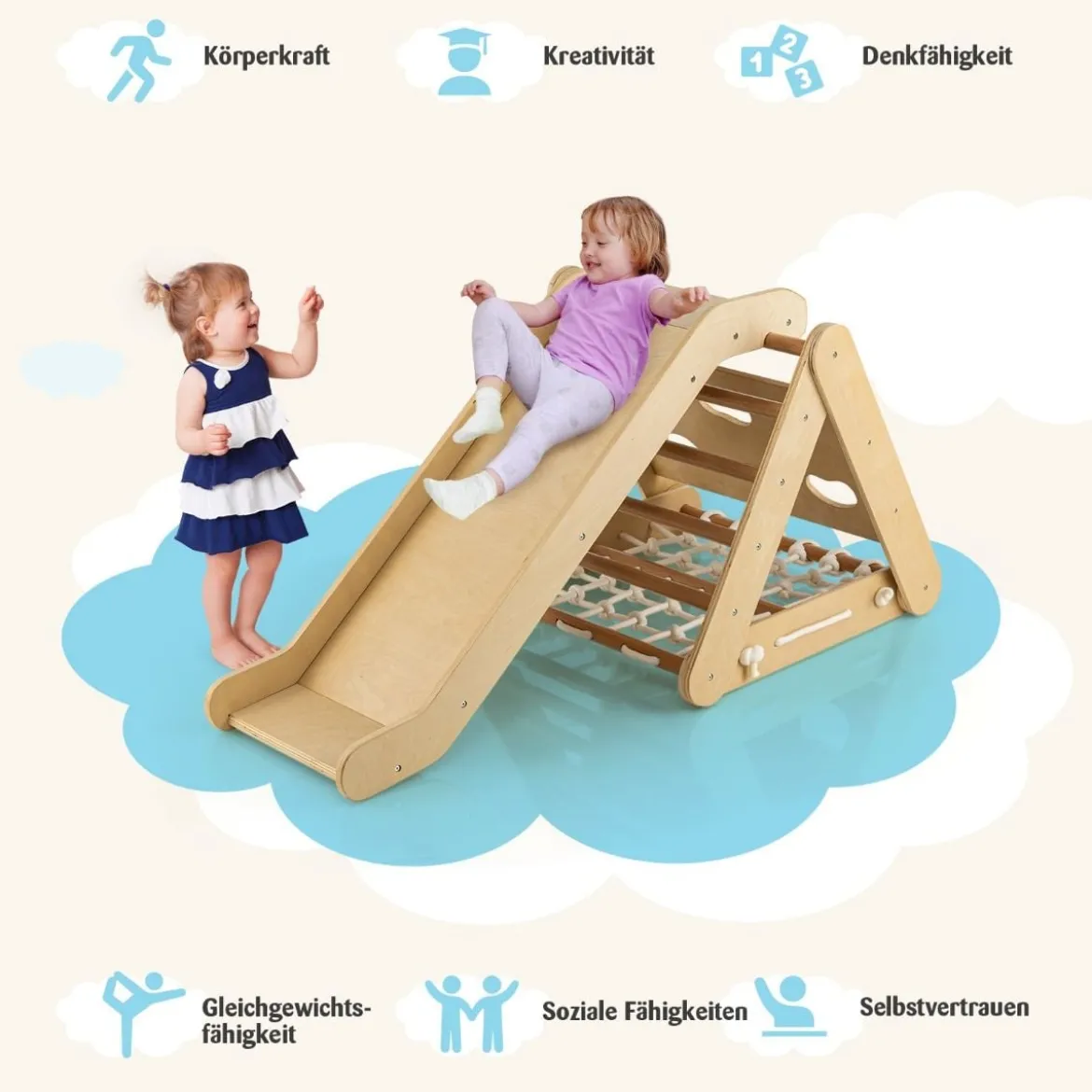 Kletterspielzeug für Kleinkinder Dreieckiges 4-in-1 Klettergerüst mit Rampe Natur