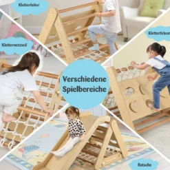 Kletterspielzeug für Kleinkinder Dreieckiges 4-in-1 Klettergerüst mit Rampe Natur