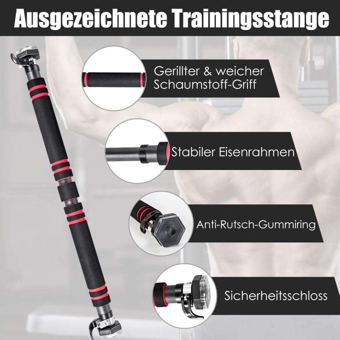 Klimmzugstange für Tür Stange mit rutschfestem Schaumstoffgriff 65 - 100 cm Schwarz