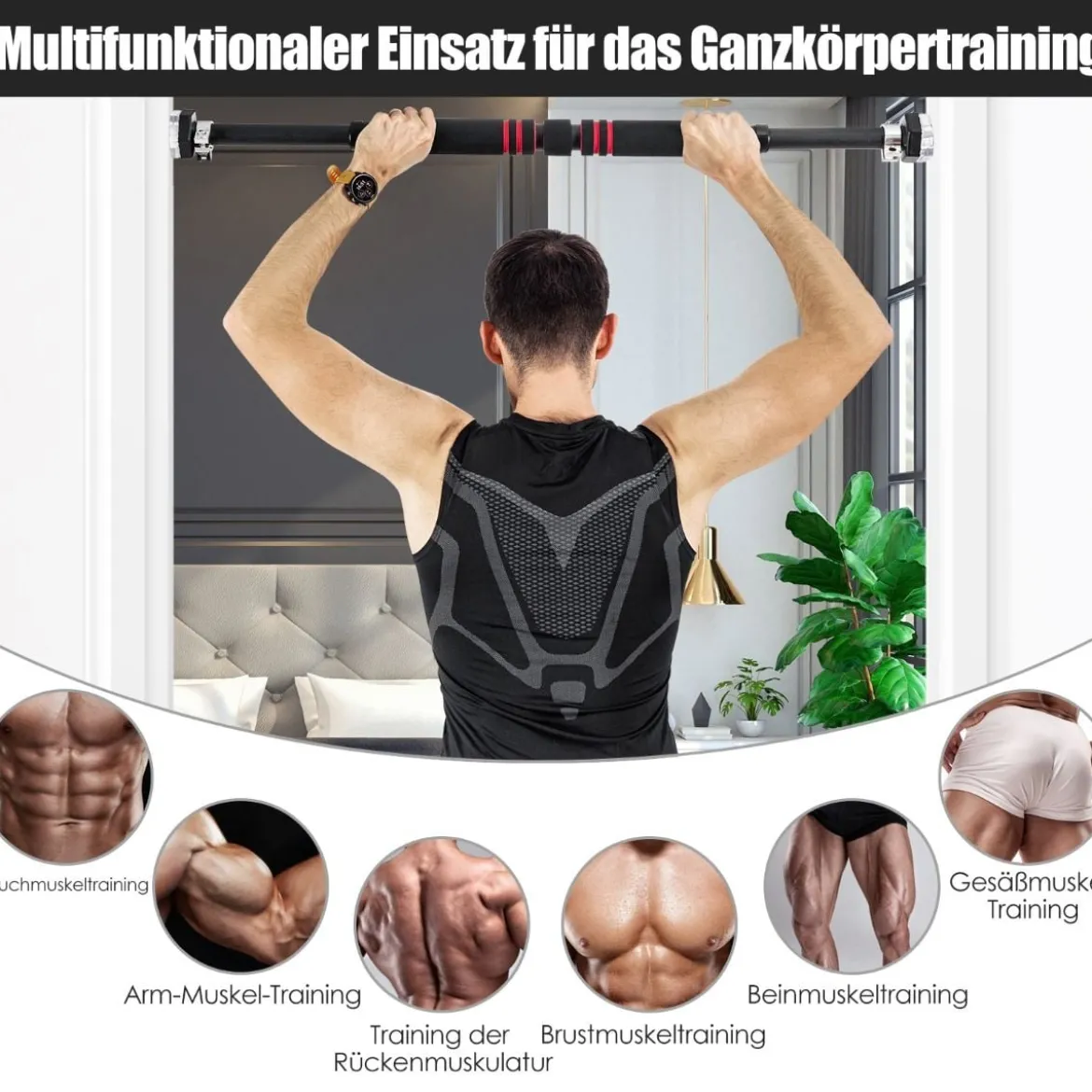 Klimmzugstange für Tür Stange mit rutschfestem Schaumstoffgriff 65 - 100 cm Schwarz