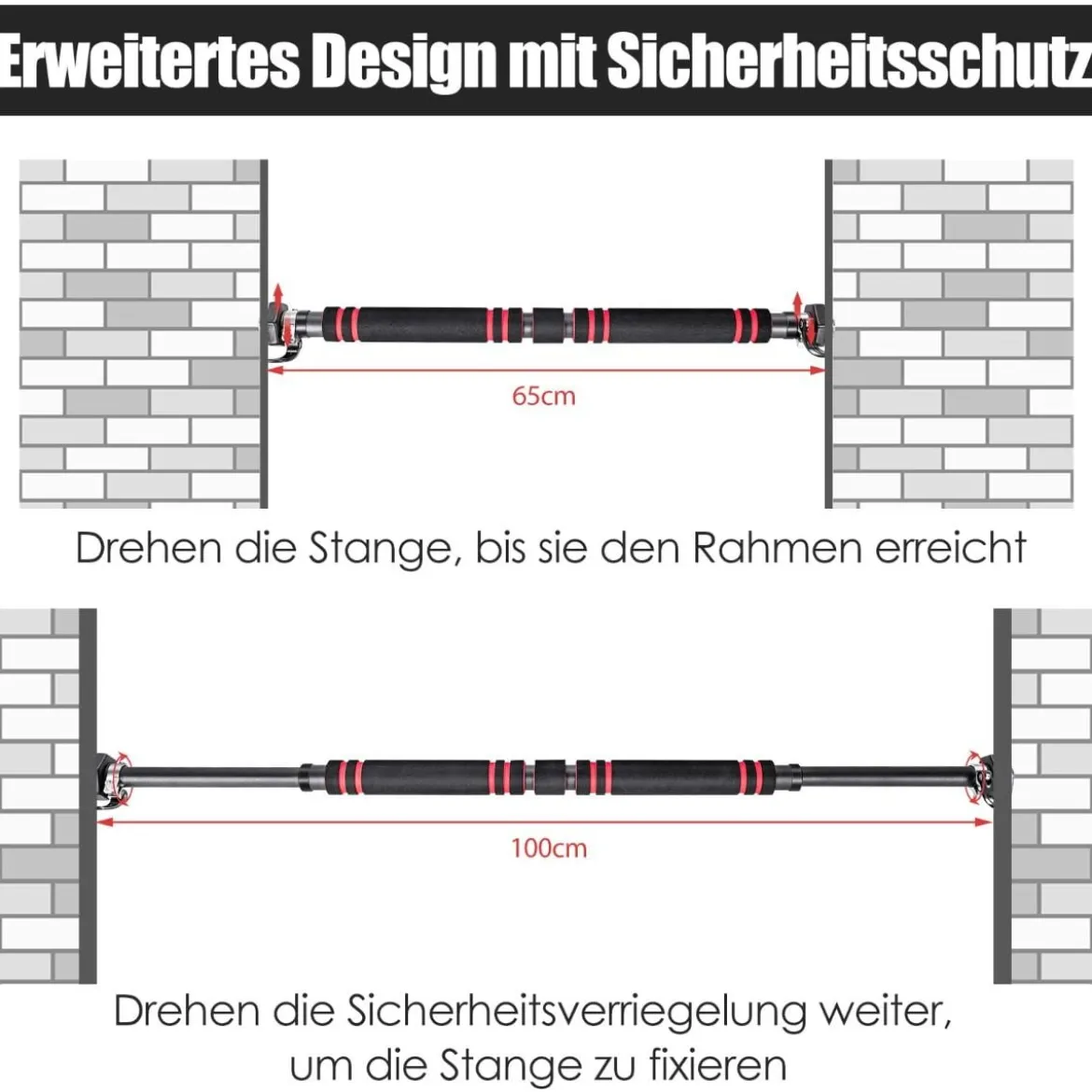 Klimmzugstange für Tür Stange mit rutschfestem Schaumstoffgriff 65 - 100 cm Schwarz