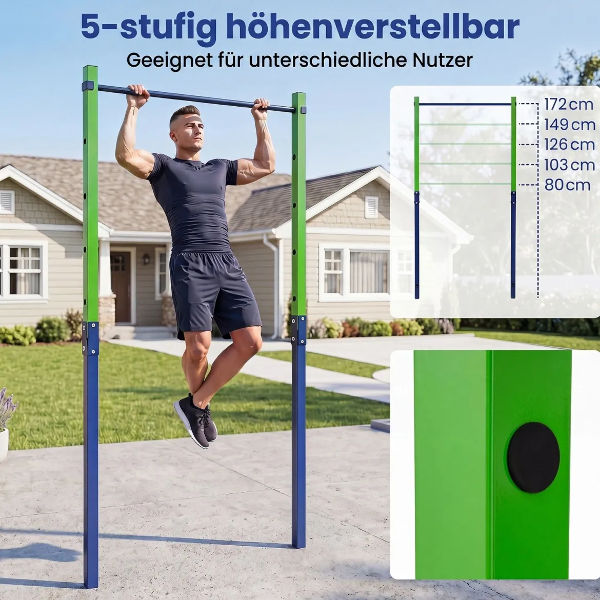 Klimmzugstange Reckstange Höhenverstellbar 80-172 cm Dip Station aus Verzinktem Stahl bis 110 kg Rot/Blau