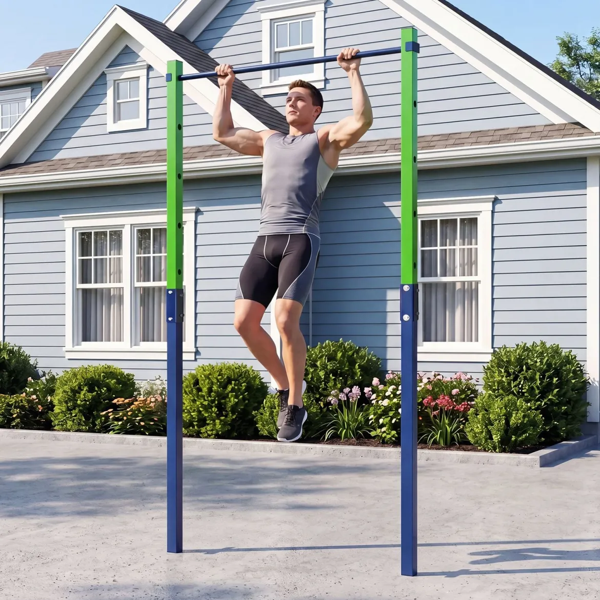 Klimmzugstange Reckstange Höhenverstellbar 80-172 cm Dip Station aus Verzinktem Stahl bis 110 kg Rot/Blau