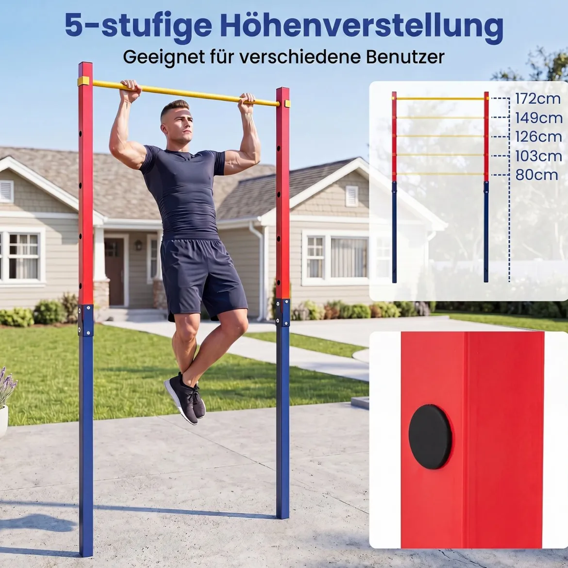 Klimmzugstange Reckstange Höhenverstellbar 80-172 cm Dip Station aus Verzinktem Stahl bis 110 kg Rot/Blau