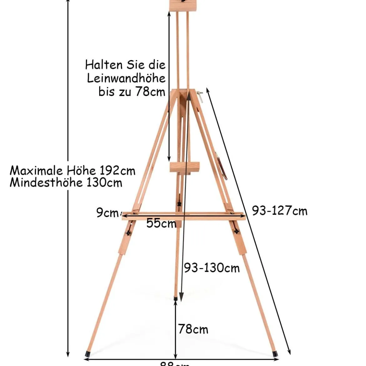 Künstler-Staffelei Tragbare Künstler-Staffelei mit Ablage verstellbar Standstaffelei 96 x 96 x 192 cm Natur