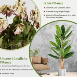 Künstlicher Bananenbaum mit 27 Blättern & Natürlichem Stamm Bananenpflanze Kunstpflanze 195 cm