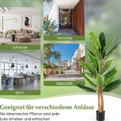 Künstlicher Bananenbaum mit 27 Blättern & Natürlichem Stamm Bananenpflanze Kunstpflanze 195 cm