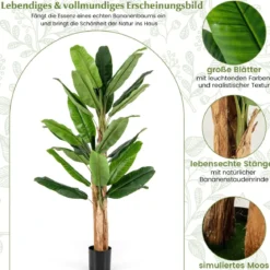 Künstlicher Bananenbaum mit 27 Blättern & Natürlichem Stamm Bananenpflanze Kunstpflanze 195 cm