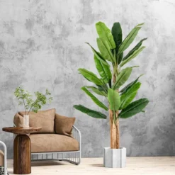 Künstlicher Bananenbaum mit 27 Blättern & Natürlichem Stamm Bananenpflanze Kunstpflanze 195 cm