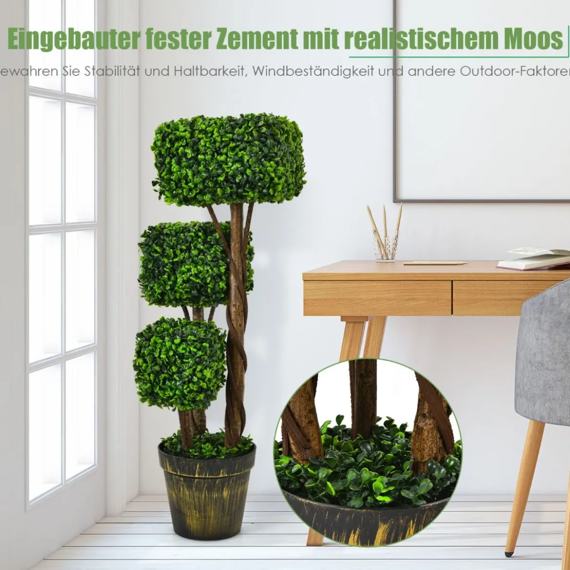 künstlicher dreifach quadratischer Formschnittbaum Kunstpflanze 22 x 22 x 88 cm Grün + Golden