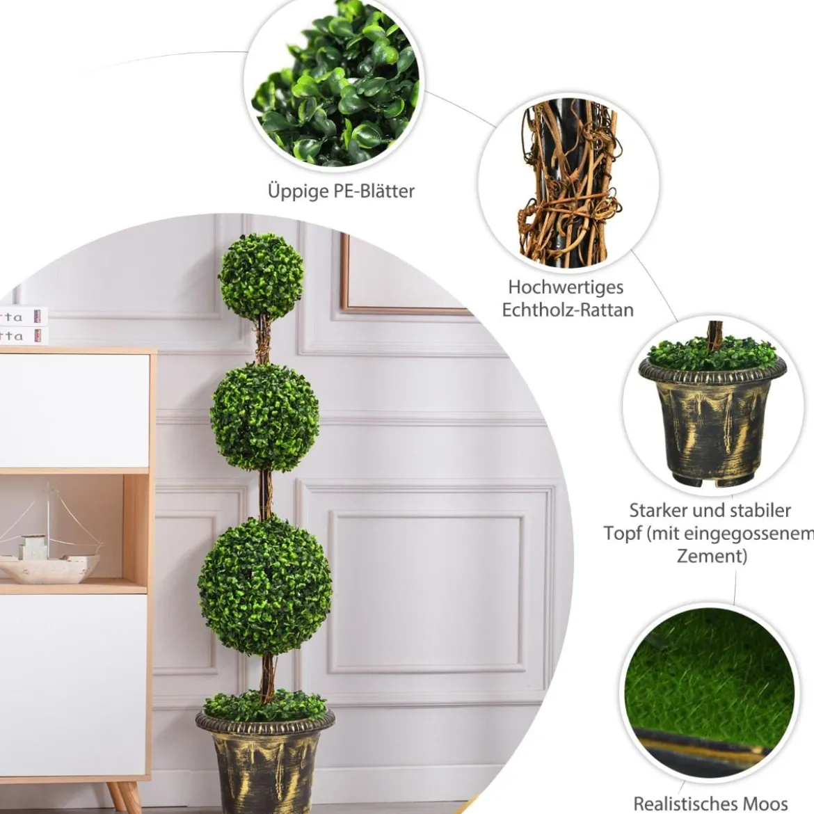 Künstlicher Formschnittbaum 120 cm großer Kunstbaum mit 3 Kugeln UV & Wasserschutz mit Zement gefüllter Topf