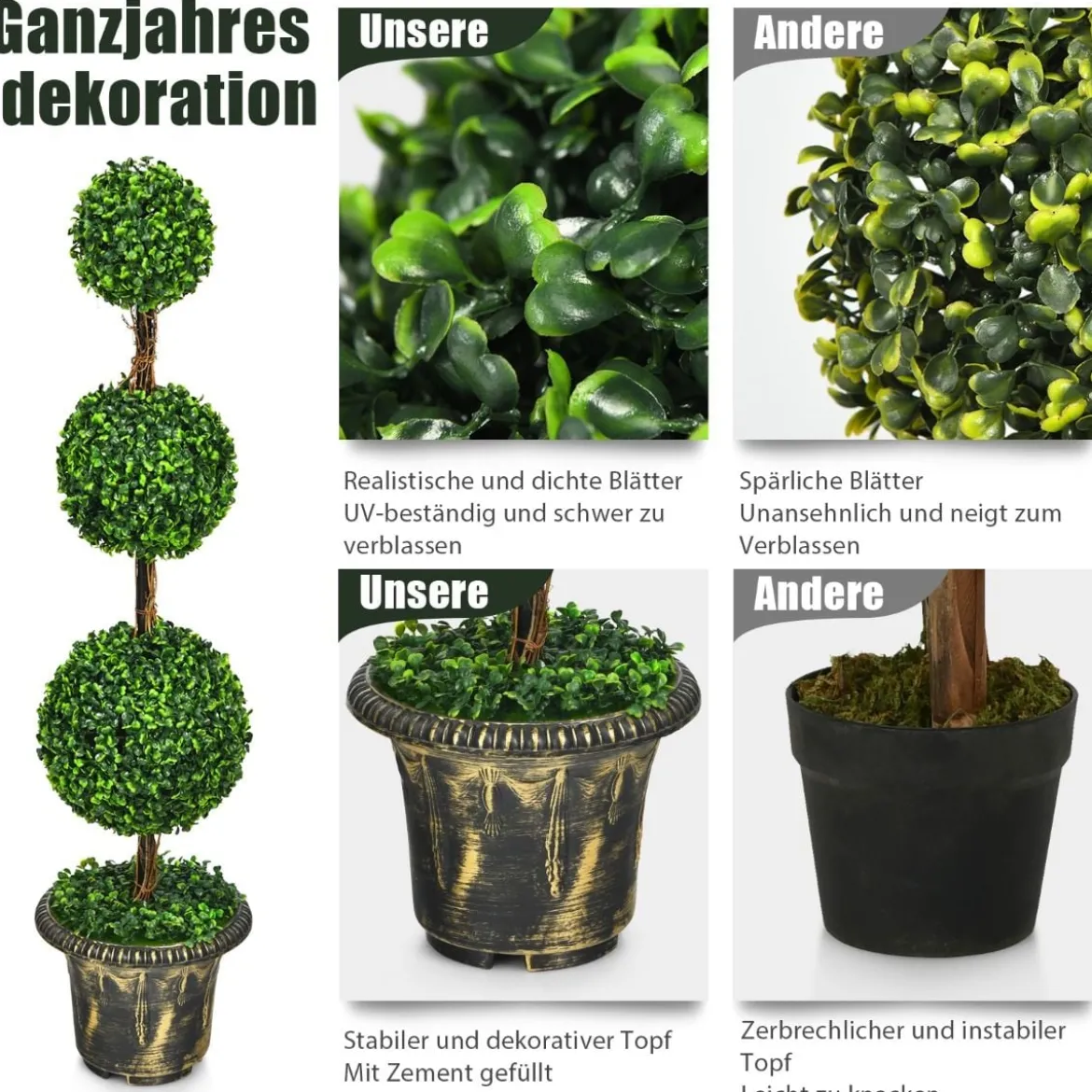 Künstlicher Formschnittbaum 120 cm großer Kunstbaum mit 3 Kugeln UV & Wasserschutz mit Zement gefüllter Topf