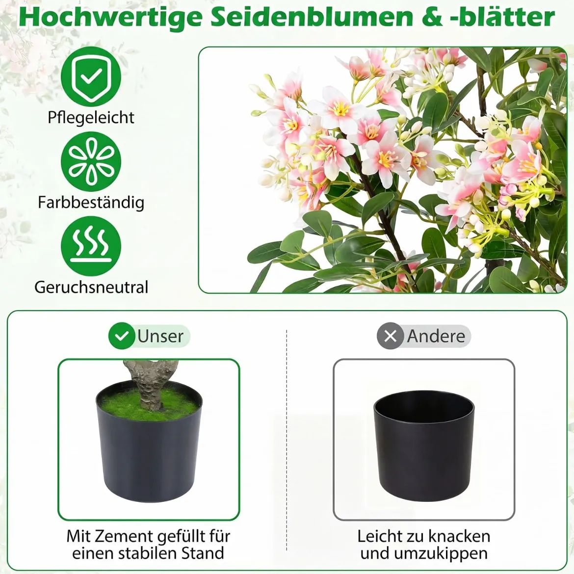 Künstlicher Impatiens Baum 90 cm Kunstpflanze im Topf mit 210 Seidenblumen und 55 Blättern Rosa