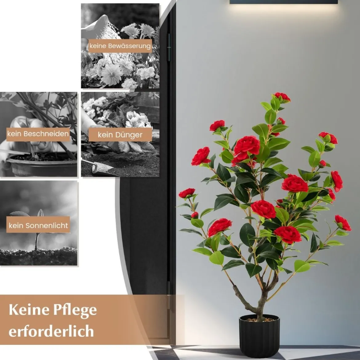 Künstlicher Kamelienbaum 95 cm Kunstblumenpflanze Künstlicher Baum im Zementtopf Rot