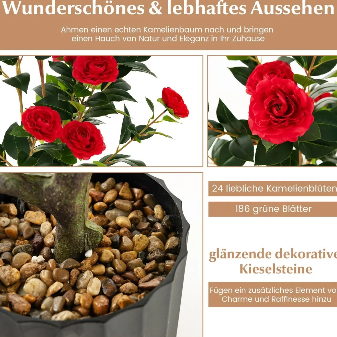 Künstlicher Kamelienbaum 95 cm Kunstblumenpflanze Künstlicher Baum im Zementtopf Rot
