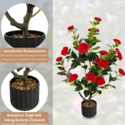 Künstlicher Kamelienbaum 95 cm Kunstblumenpflanze Künstlicher Baum im Zementtopf Rot