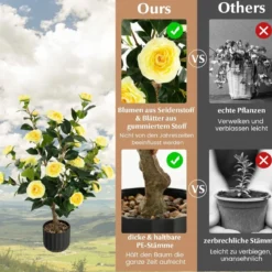 Künstlicher Kamelienbaum 95 cm Kunstblumenpflanze Künstlicher Baum im Zementtopf Gelb