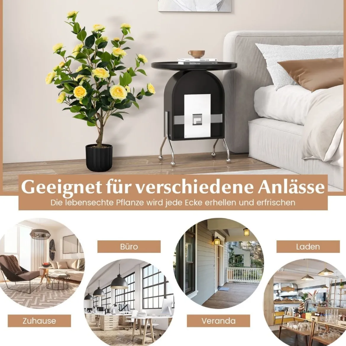 Künstlicher Kamelienbaum 95 cm Kunstblumenpflanze Künstlicher Baum im Zementtopf Gelb