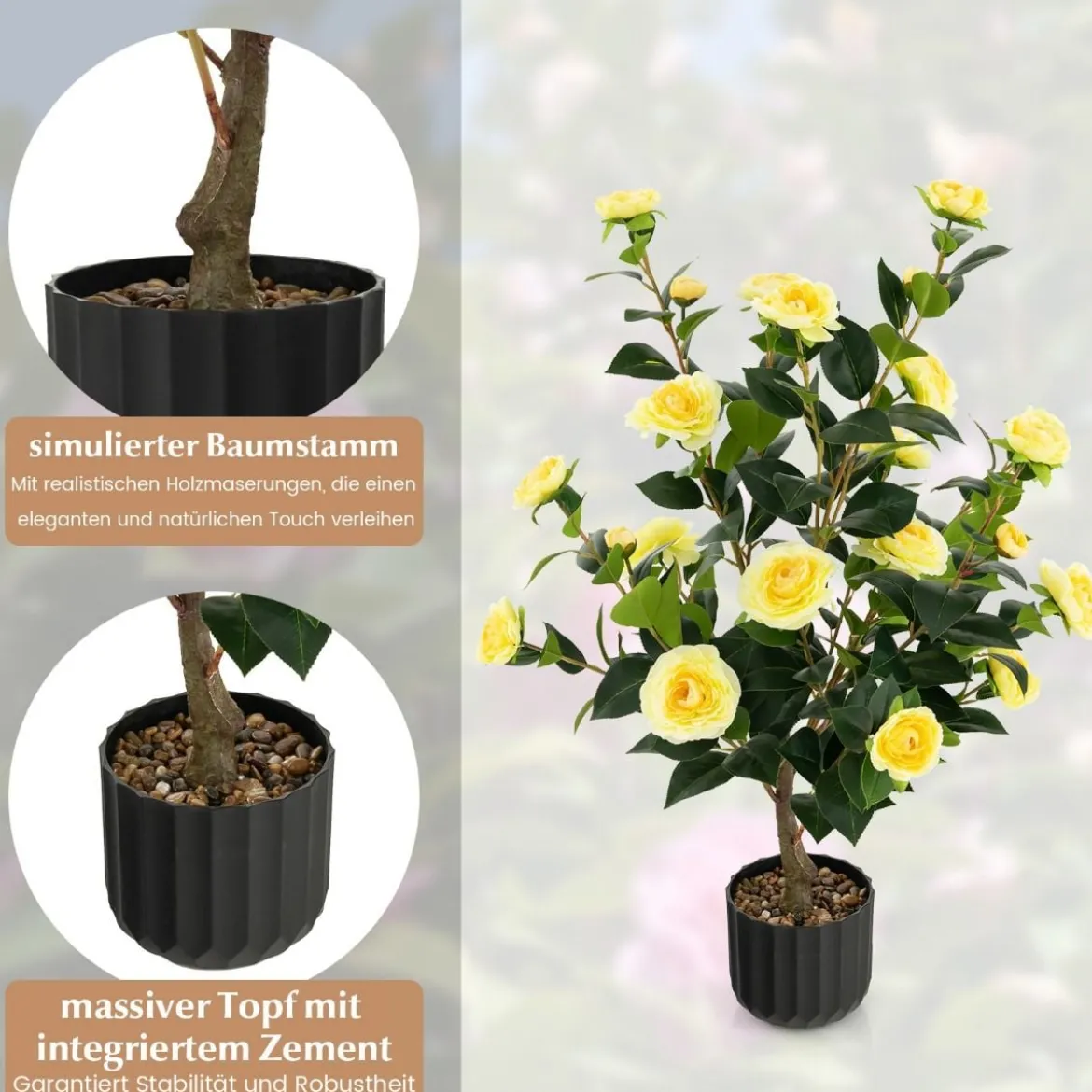 Künstlicher Kamelienbaum 95 cm Kunstblumenpflanze Künstlicher Baum im Zementtopf Gelb