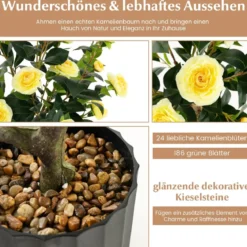 Künstlicher Kamelienbaum 95 cm Kunstblumenpflanze Künstlicher Baum im Zementtopf Gelb