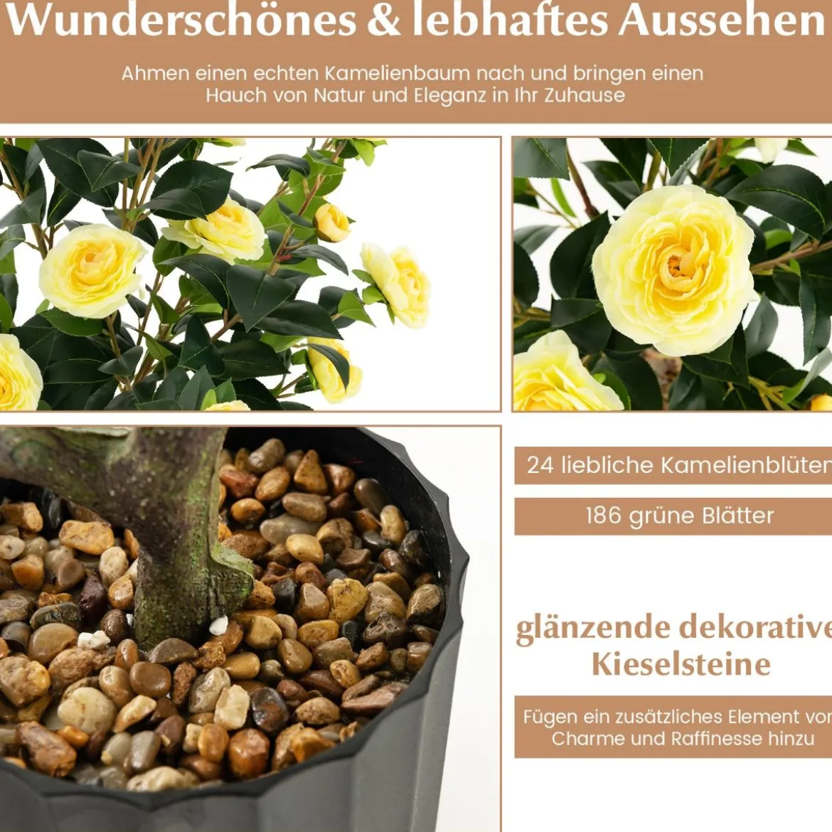 Künstlicher Kamelienbaum 95 cm Kunstblumenpflanze Künstlicher Baum im Zementtopf Gelb