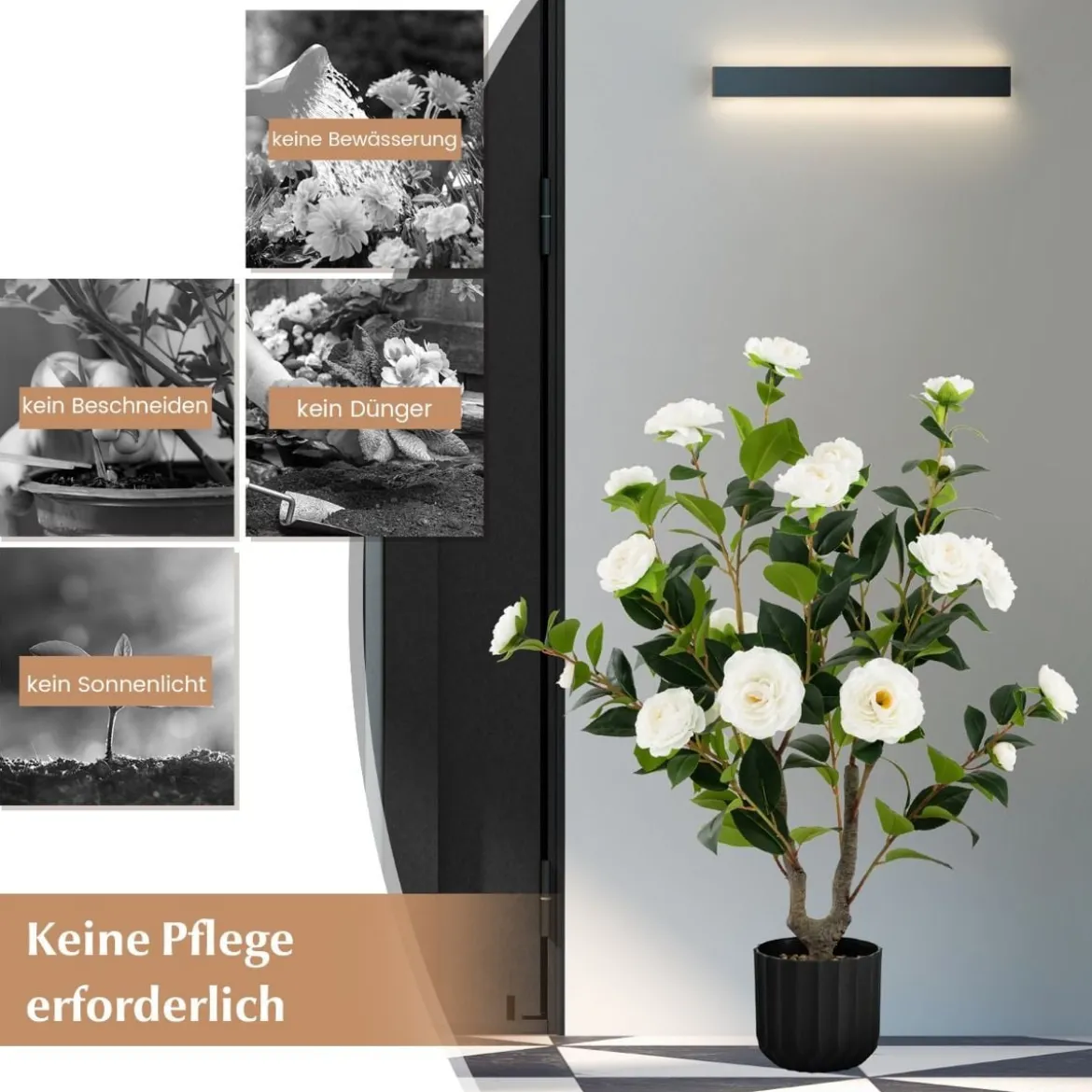 Künstlicher Kamelienbaum 95 cm Kunstblumenpflanze Künstlicher Baum im Zementtopf Weiß