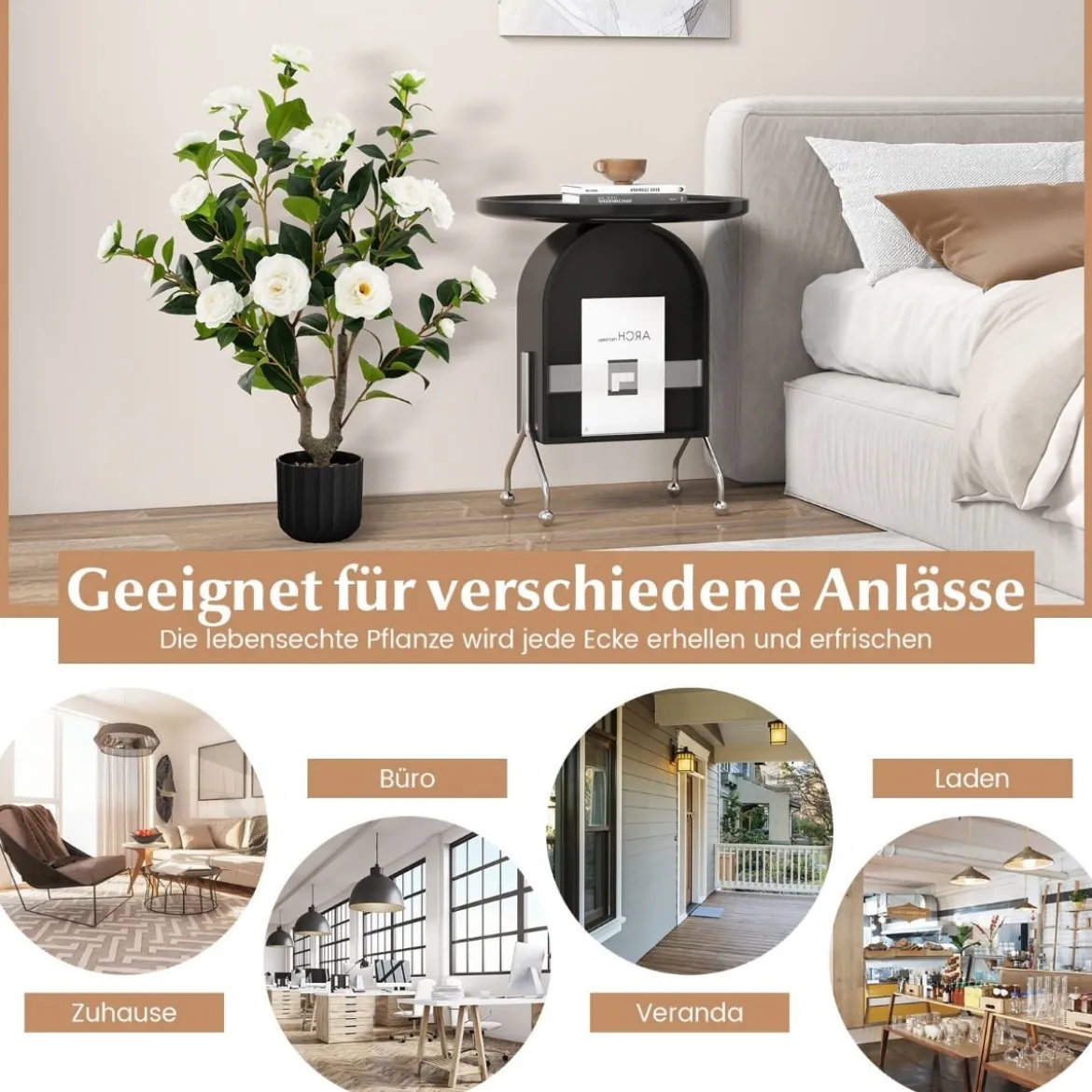 Künstlicher Kamelienbaum 95 cm Kunstblumenpflanze Künstlicher Baum im Zementtopf Weiß