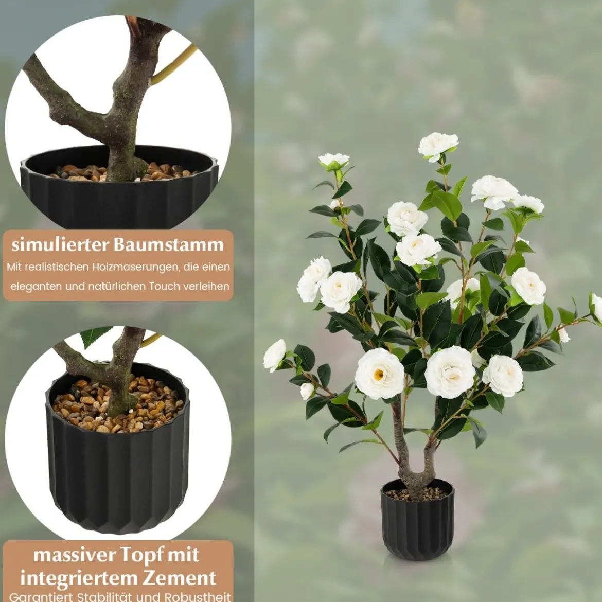 Künstlicher Kamelienbaum 95 cm Kunstblumenpflanze Künstlicher Baum im Zementtopf Weiß