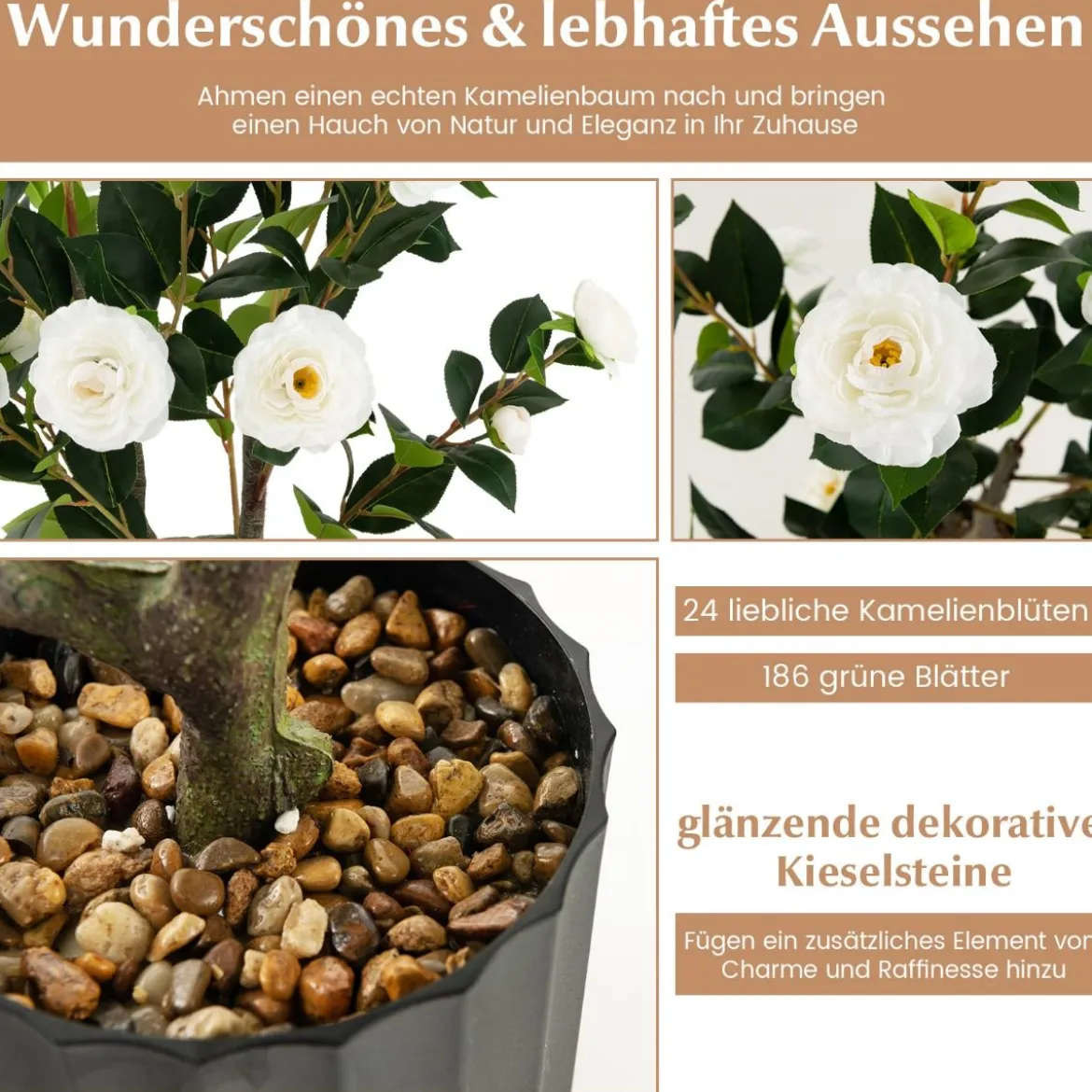 Künstlicher Kamelienbaum 95 cm Kunstblumenpflanze Künstlicher Baum im Zementtopf Weiß