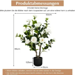 Künstlicher Kamelienbaum 95 cm Kunstblumenpflanze Künstlicher Baum im Zementtopf Weiß