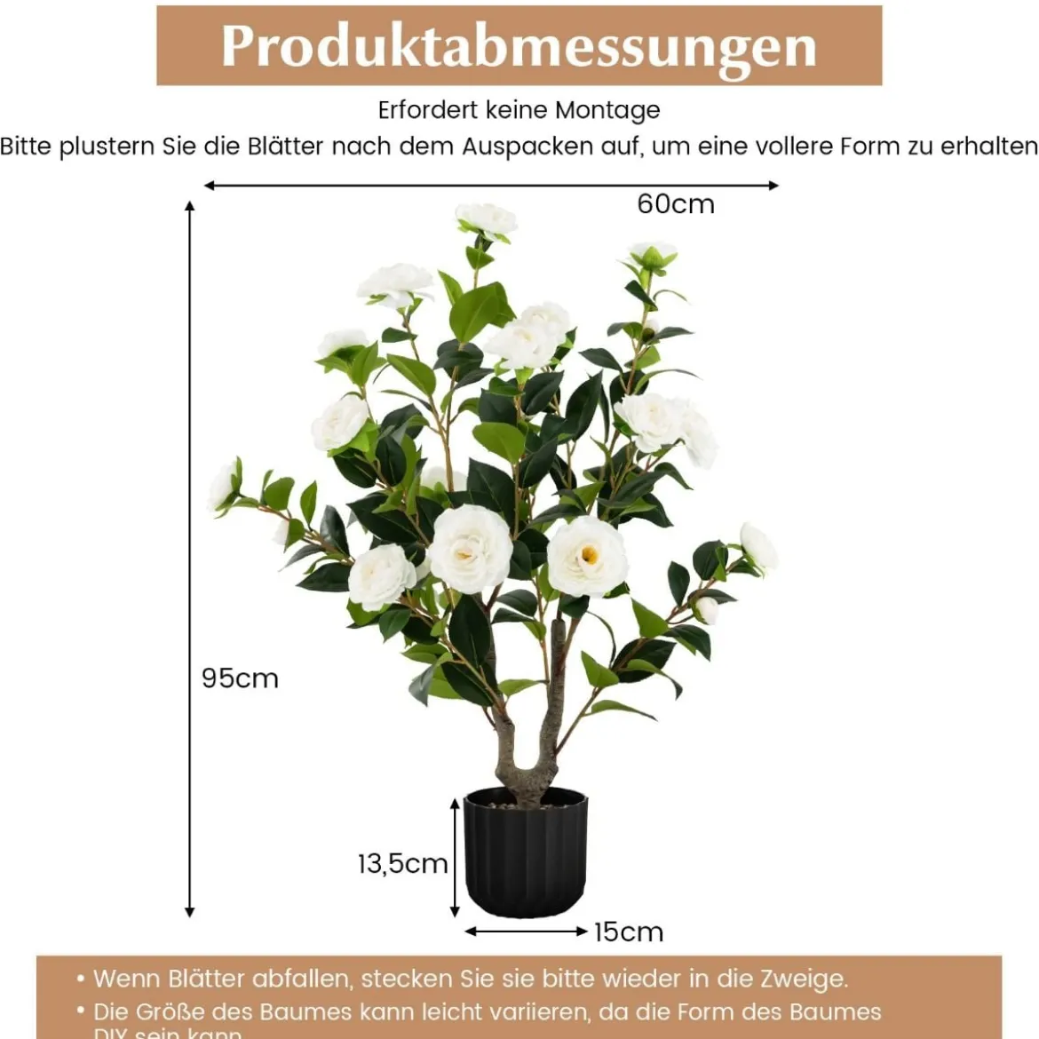 Künstlicher Kamelienbaum 95 cm Kunstblumenpflanze Künstlicher Baum im Zementtopf Weiß