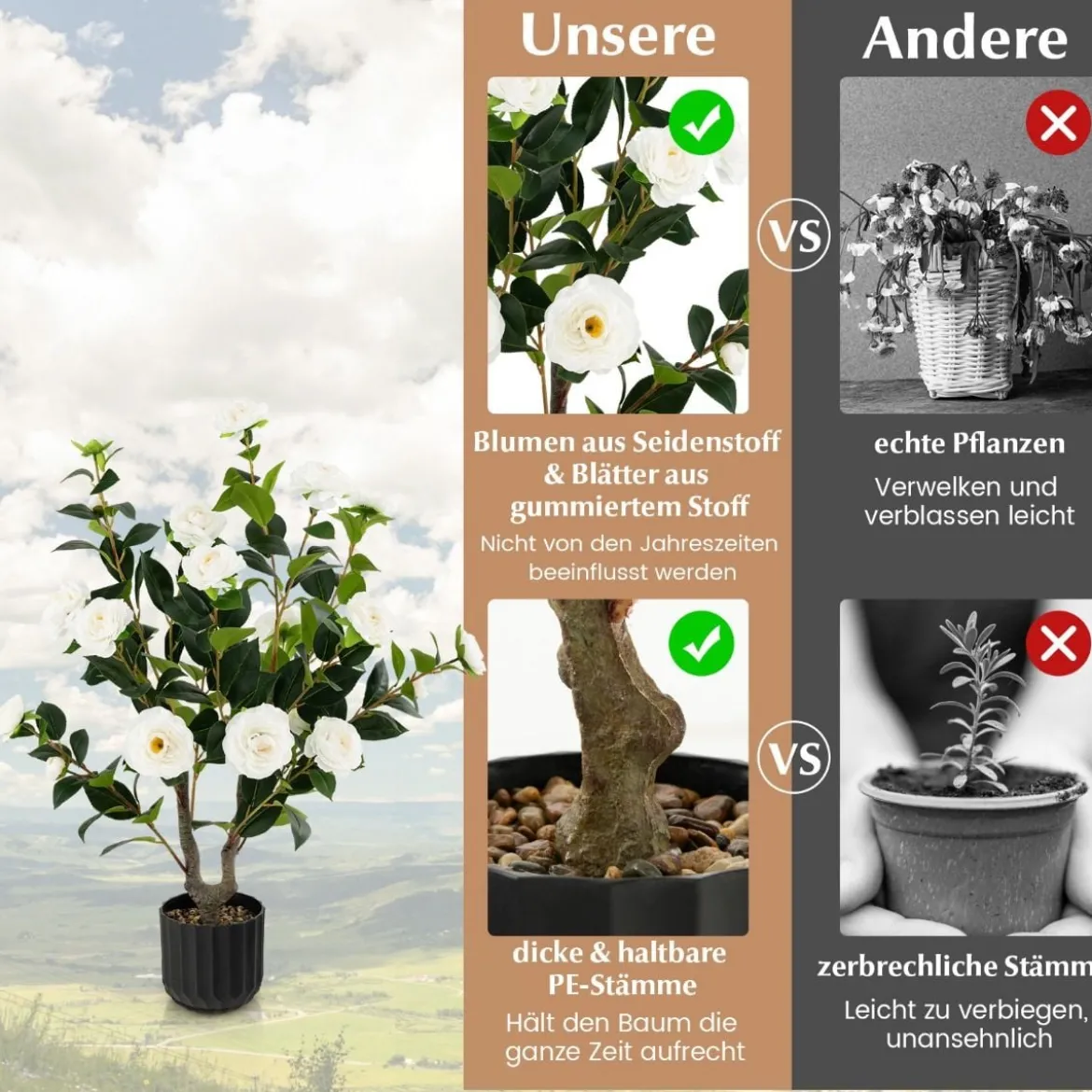 Künstlicher Kamelienbaum 95 cm Kunstblumenpflanze Künstlicher Baum im Zementtopf Weiß