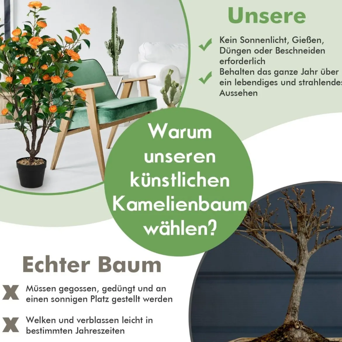 Künstlicher Kamelienbaum Unechte Blühende Kamelienpflanze Grün + Gelb