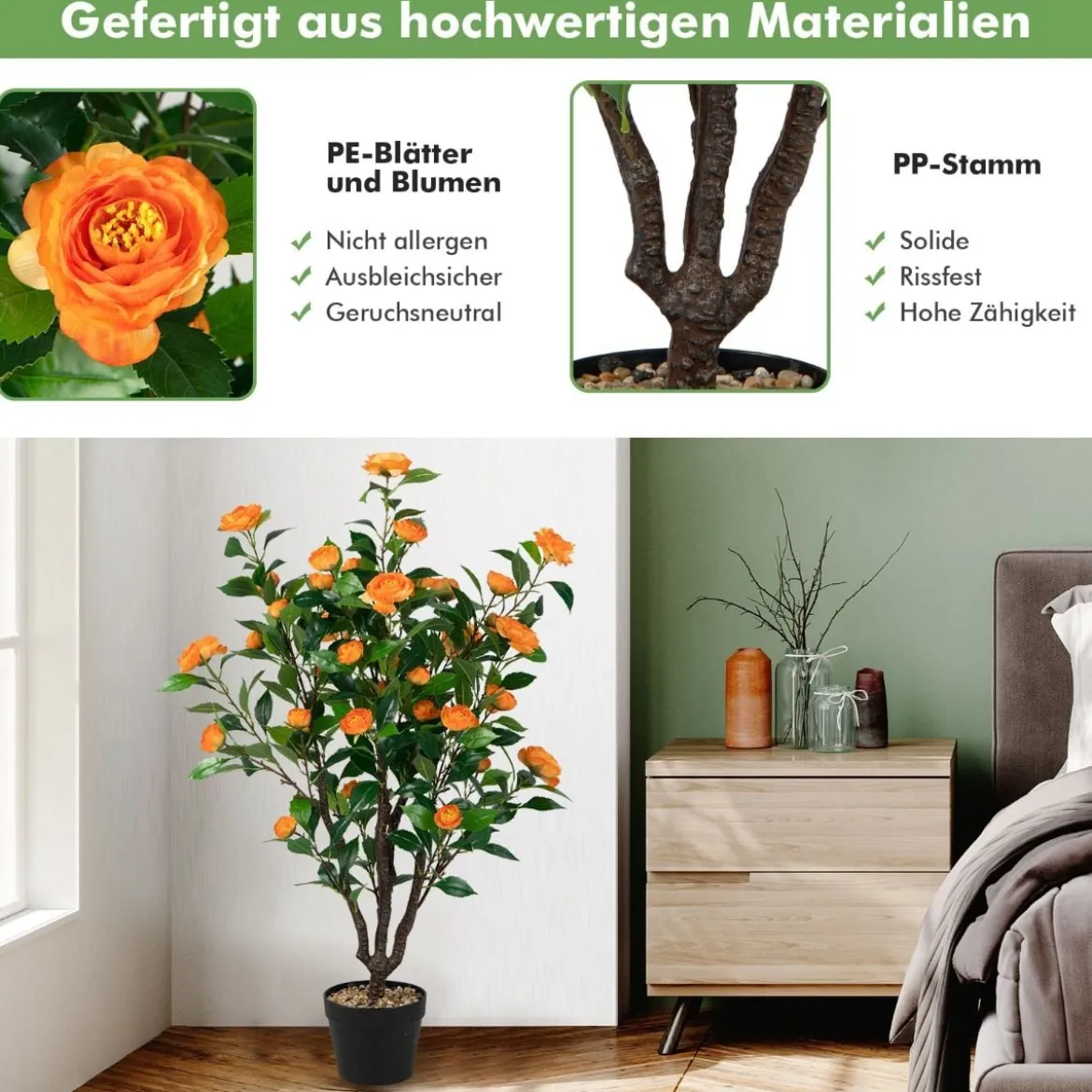 Künstlicher Kamelienbaum Unechte Blühende Kamelienpflanze Grün + Gelb