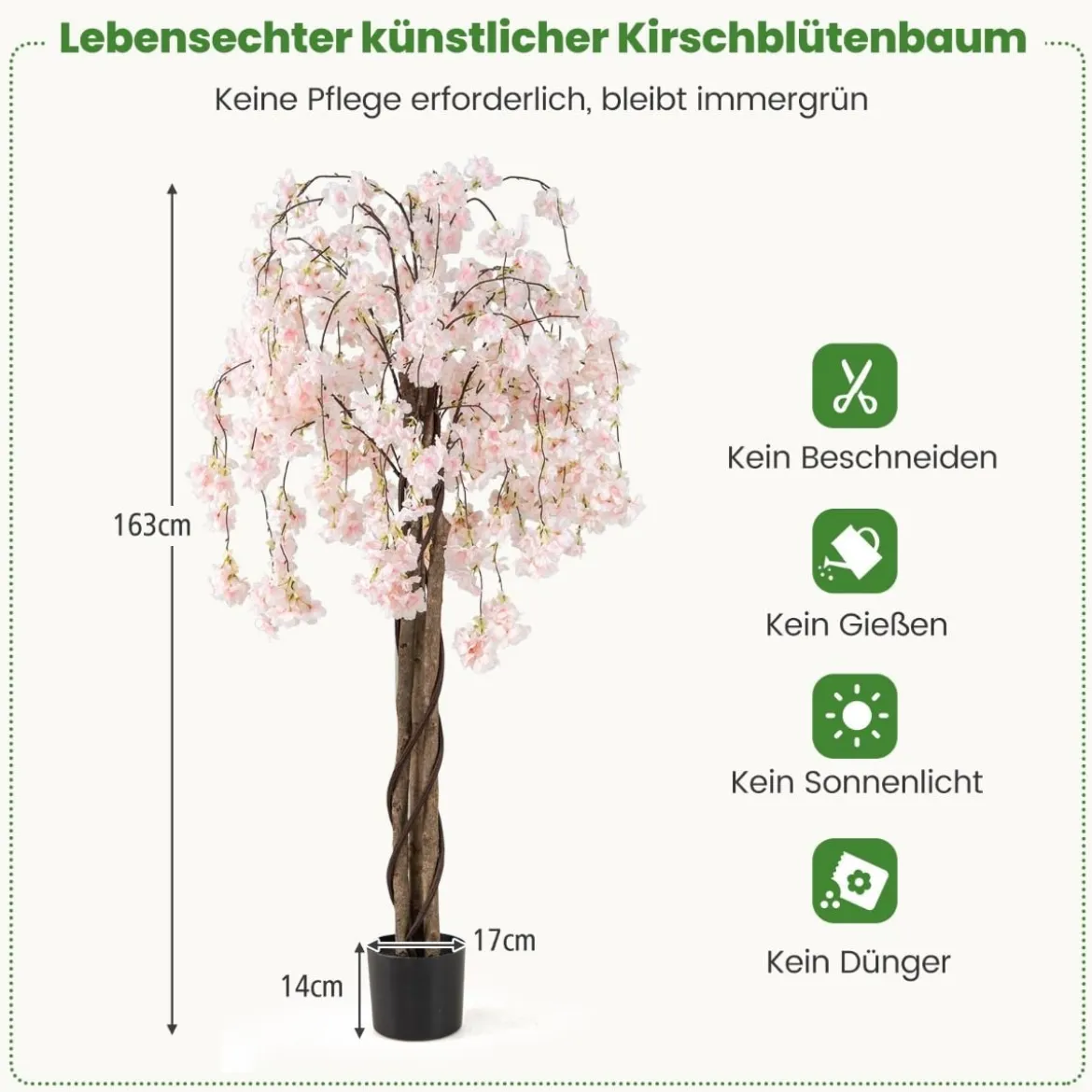 Künstlicher Kirschblütenbaum im Pflanztopf Kunstblumenpflanze mit Weißen Blumen 163 cm
