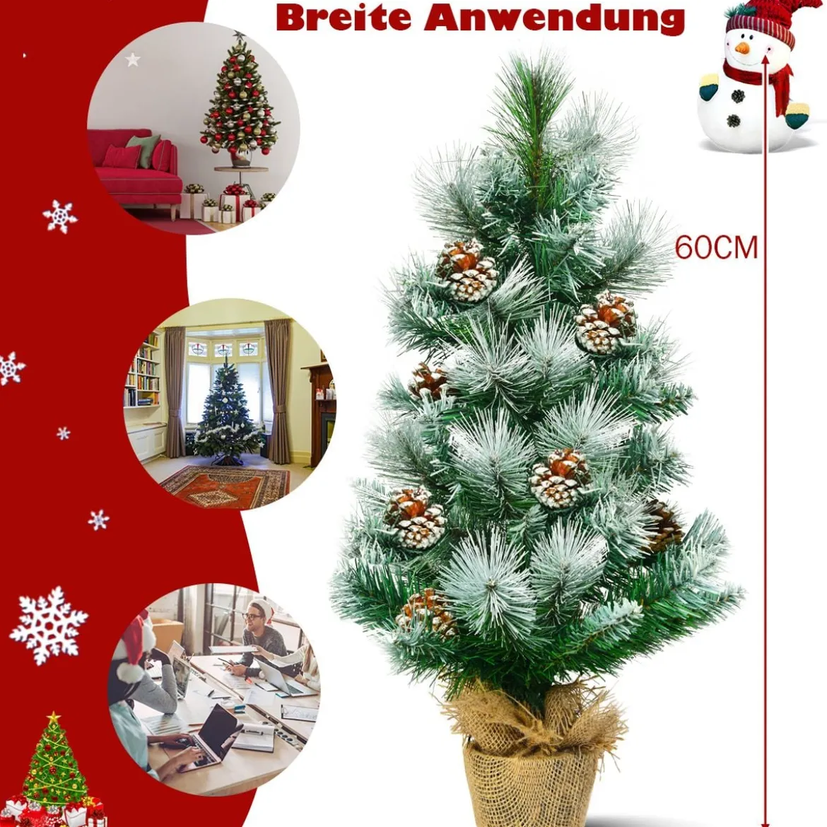 Künstlicher Mini-Weihnachtsbaum aus Schneebedeckter Kiefer mit Kiefernzapfen-Dekoration 60 cm