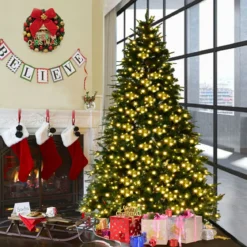 Künstlicher Tannenbaum mit LED-Lichterketten Weihnachtsbaum Christbaum mit Klappsystem und Metallständer 210/225/240 cm Grün
